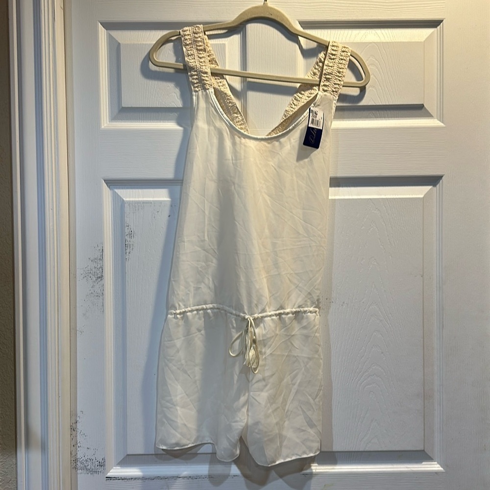 Nwt! Leonisa Cream Chiffon Romper Coverup Crochet Trim M Swim
